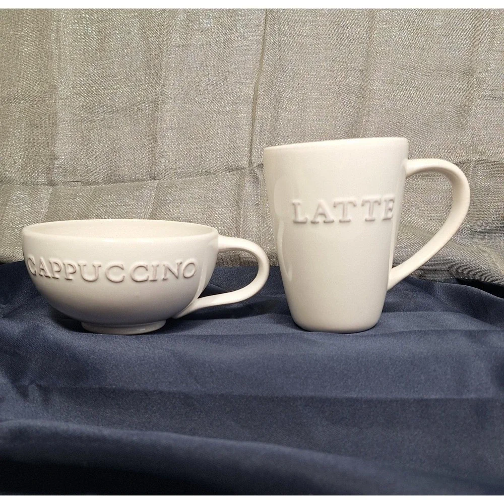 2 Pottery Barn OVERSIZED Mugs Cappuccino & Latte Ivory Stoneware Pair Cups EUC